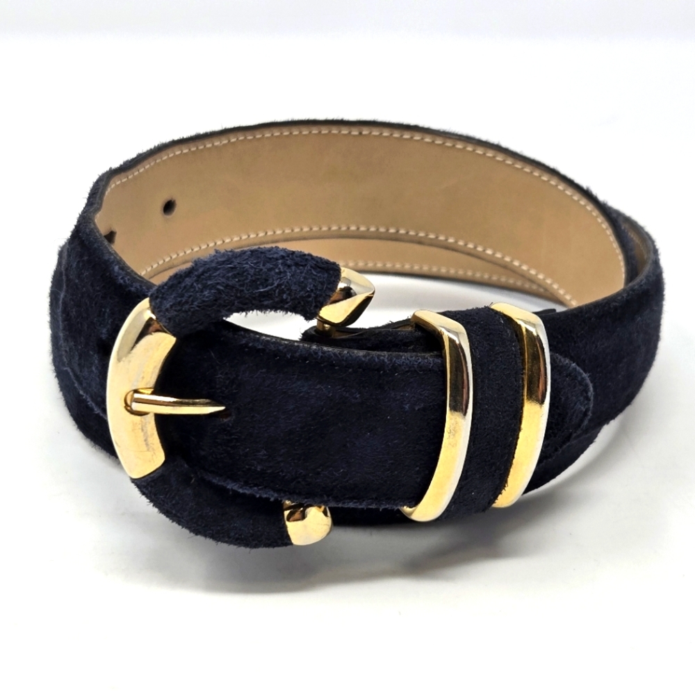 TALBOTS NAVY BLUE SUEDE LEATHER BELT GOLD TONE & LEATHER BUCKLE WOMEN OS OFFICE